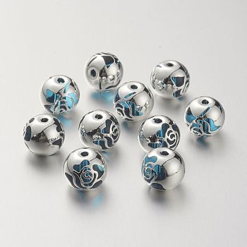 K9 Glass Beads, Covered with Brass, Round with Rose Pattern, 925 Sterling Silver Plated, Deep Sky Blue, 10.2x9.2mm, Hole: 1.5mm