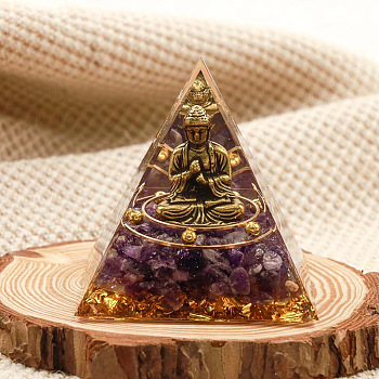 Orgonite Pyramid Resin Energy Generators, Reiki Natural Amethyst Chips and Buddha Inside for Home Office Desk Decoration, 50x50x50mm