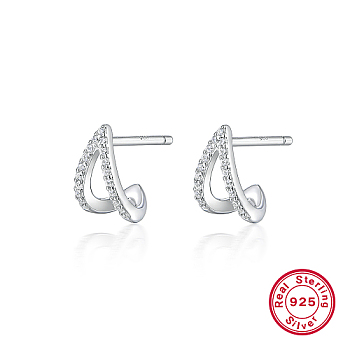 Rhodium Plated 925 Sterling Silver Stud Earrings, Half Hoop Earrings with Cubic Zirconia, Platinum, 11x7mm