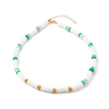 Polymer Clay Heishi Beaded Necklaces, with Brass Beads and 304 Stainless Steel Lobster Claw Clasps, Golden, Spring Green, 15.75 inch(40cm)