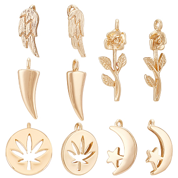 10Pcs 5 Style Brass Charms, Flat Round with Hemp Leaf & Horn & Wing & Flower, Nickel Free, Real 18K Gold Plated, 12~20.5x5~10.5x1~3mm, Hole: 1mm, 2pcs/style