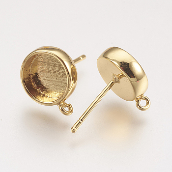 Brass Ear Stud Findings, with Loop, Flat Round, Golden, Tray: 8mm, 15x10mm, Hole: 1mm, Pin: 0.7mm