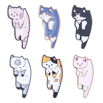 6Pcs 6 Style Cat Enamel Pins, Light Gold Alloy Animal Badges for Clothes Jackets Hats, Mixed Color, 30x14mm, 1Pc/style