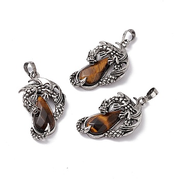 Natural Tiger Eye Pendants, Faceted Teardrop Charms with Rack Plating Antique Silver Tone Brass Dragon, Cadmium Free & Lead Free, 39x23x8.5mm, Hole: 8x5mm