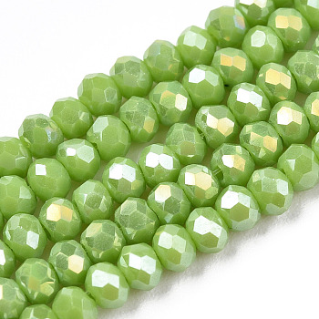 Electroplate Glass Beads Strands, Opaque Solid Color, AB Color Plated, Faceted, Rondelle, Olive, 8x6mm, Hole: 1mm, about 64~65pcs/strand, 40~41cm