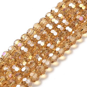 Transparent Glass Beads, 32 Facets, AB Color Plated, Round, Sandy Brown, 8x7~7.5mm, Hole: 1.5mm, about 66pcs/strand, 18.82''~19.06''(47.8~48.4cm)
