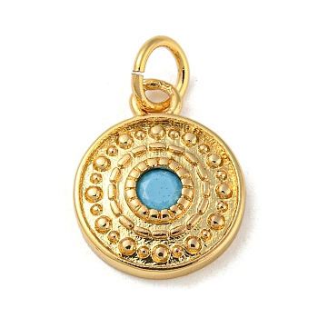 Rack Plating Brass Deep Sky Blue Micro Pave Deep Sky Blue Cubic Zirconia Pendants, with Jump Ring, Cadmium Free & Lead Free, Long-Lasting Plated, Flat Round, Real 18K Gold Plated, 13.5x11x2mm, Hole: 3.4mm