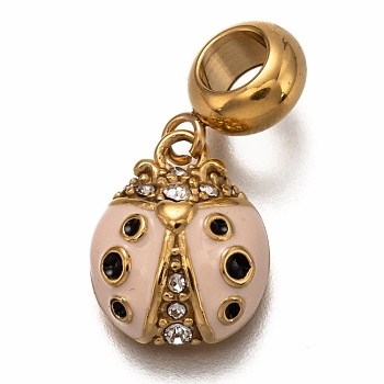 304 Stainless Steel European Dangle Charms, Large Hole Pendants, with Crystal Rhinestone and Pink Enamel, Ladybug, Golden, 23mm, Hole: 4.5mm, Pendants: 14.5x11.5x5mm