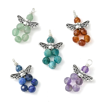 5Pcs 5 Styles Natural Mixed Gemstone Faceted Pendants, Angel Charms with Antique Silver Tone Alloy Wings, 21~22x14x4mm, Hole: 2.2mm, 1pc/style