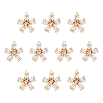 10Pcs Brass Micro Pave Cubic Zirconia Pendants, Real 18K Gold Plated, Peach Blossom/Flower, Clear, 15.5x14x5mm, Hole: 1.2mm