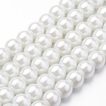 Eco-Friendly Dyed Glass Pearl Round Bead Strands, Cotton Cord Threaded, White, 8mm, Hole: 1.2~1.5mm, about 52pcs/strand, 15 inch