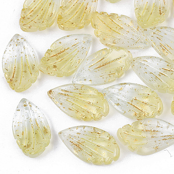 Two Tone Transparent Spray Painted Glass Pendants, with Glitter Powder, Frosted, Leaf, Champagne Yellow, 18.5x10x4mm, Hole: 1mm