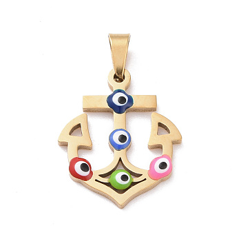 Vacuum Plating 304 Stainless Steel Enamel Pendants, Golden, Hollow, Anchor with Evil Eye, Colorful, 21x17x2mm, Hole: 5x3mm