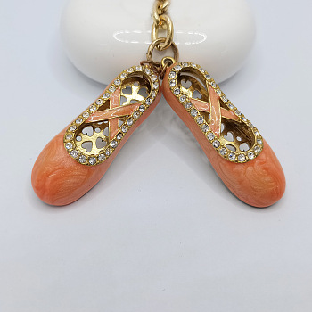 Crystal Rhinestone Ballet Shoes Keychains, with Enamel, KC Gold Plated Alloy Charm Keychain, Orange, 11.6x1.65cm
