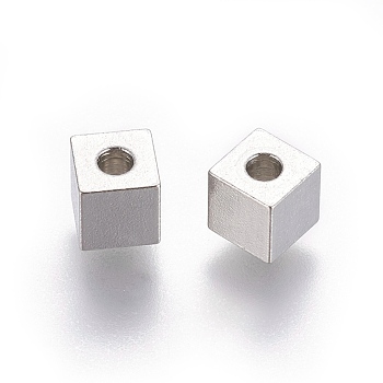 202 Stainless Steel Beads, Cube, Stainless Steel Color, 5x5x5mm, Hole: 2mm