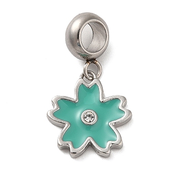 304 Stainless Steel Enamel European Dangle Charms, Large Hole Pendants with Crystal Rhinestone, Sakura, Stainless Steel Color, Light Sea Green, 25mm, Pendant: 15x14x2.5mm, Hole: 4.5mm