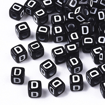 Opaque Acrylic Beads, Horizontal Hole, Alphabet Style, Cube, Black & White, Letter.D, 5x5x5mm, Hole: 2mm, about 500pcs/50g