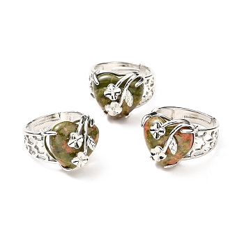 Natural Unakite Adjustable Rings, Platinum Tone Heart with Flower Brass Rings for Women, Cadmium Free & Lead Free, US Size 6 3/4(17.1mm), 4.5~9mm