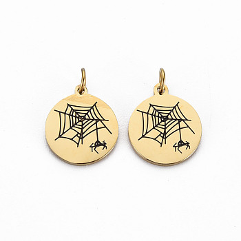 Ion Plating(IP) 316 Surgical Stainless Steel Enamel Charms, with Jump Rings, Laser Cut, Cadmium Free & Nickel Free & Lead Free, Flat Round with Spider Web, Real 14K Gold Plated, 11.5x10x1mm, Hole: 2mm