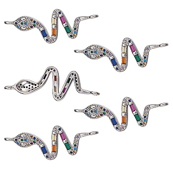 5Pcs Brass Micro Pave Cubic Zirconia Links Connectors, Cadmium Free & Lead Free, Snake, Colorful, Platinum, 35x13x2.5mm, Hole: 1.2mm
