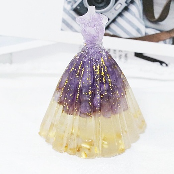 Natural Amethyst Chip & Resin Craft Display Decorations, Glittered Wedding Dress Figurine, for Home Feng Shui Ornament, 56x83mm