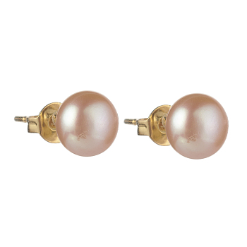 Natural Pearl Rondelle Stud Earrings, 304 Stainless Steel Earring Post, Golden, Misty Rose, 7~7.5mm, Pin: 0.7mm
