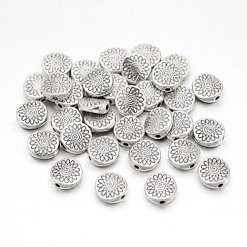 Tibetan Style Alloy Beads, Lead Free & Nickel Free & Cadmium Free, Flat Round, Antique Silver, about 8.5mm long, 8.5mm wide, 3.5mm thick, hole: 1.5mm