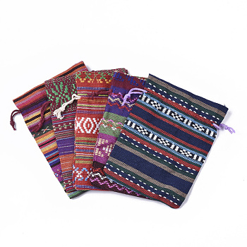 Ethnic Style Cotton Packing Pouches Bags, Drawstring Bags, with Random Color Drawstring Cord, Rectangle, Mixed Color, 13~14x9.8~10cm