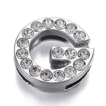 Alloy Letter Slide Charms, with Crystal Rhinestone, Cadmium Free & Lead Free, Platinum, Letter.G, 21x21x7.5mm, Hole: 2.5x17mm