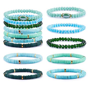 7Pcs 7 Style Handmade Polymer Clay Heishi Surfer Stretch Bracelets Set, Glass Beads Bracelets, Stackable Preppy Bracelets for Women, Spring Green, Inner Diameter: 2-1/8 inch(5.3cm), 1Pc/style