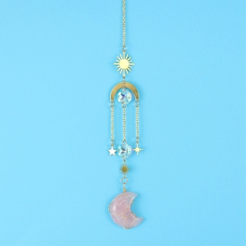 Rose Quartz Moon Sun Catcher Hanging Ornaments, with Brass Star & Sun, for Home, Garden Decoration, 400mm