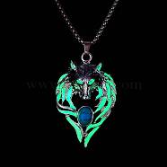 Luminous Glow In The Dark Enamel Wolf Pendant Necklace with Synthetic Turquoise Beaded, Alloy Jewelry, Green, 27.56 inch(70cm)(LUMI-PW0006-66B)