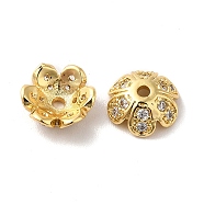 Brass Micro Pave Cubic Zirconia Bead Cap, 6-Petal Flower, Real 18K Gold Plated, 8x3mm, Hole: 1.2mm(KK-E068-VF849-2)