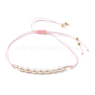 Adjustable Nylon Cord Braided Bead Bracelets, with Natural Cultured Freshwater Pearl Beads and Golden Plated Brass Beads, Pink, Inner Diameter: 1/2 inch~3-3/4 inch(1.4~9.5cm)(BJEW-JB05489-01)