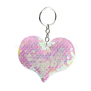 PVC Reflective Sequin Heart Pendant Keychain, with Platinum Plated Iron Findings, for Car Keychain Bag Ornament, White, 11.5~12cm(KEYC-L033-01P-01)