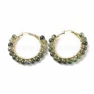 Natural Moss Agate Beaded Hoop Earrings for Women, Real 18K Gold Plated Wire Wrap Big Circle Hoop Earrings, 47~49x51~52x6~6.6mm, Pin: 1.4x0.4mm(EJEW-C003-03G-RS)