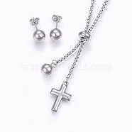 304 Stainless Steel Jewelry Sets, Slider Necklaces and Stud Earrings, Cross and Round, Stainless Steel Color, Necklace: 23.62 inch(60cm), 2mm, Earrings: 19x8mm, Pin: 0.8mm(SJEW-P098-18P)