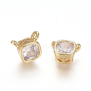 Brass Cubic Zirconia Charms, Long-Lasting Plated, Square, Clear, Golden, 5.5x6.5x3mm, Hole: 0.8mm(X-ZIRC-D118-07G)