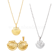 2Pcs 2 Colors Titanium Steel Shell Shape Locket Pendant Necklaces Set, Photo Holder Locket Necklaces, Golden & Stainless Steel Color, 17.68~17.83 inch(44.9~45.3cm), 1Pc/color(NJEW-FI0001-28)