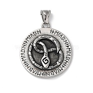 Viking Runes 304 Stainless Steel Pendants, Flat Round with Snake Charm, Antique Silver, 40x35x4mm, Hole: 9x4mm(STAS-D014-10AS)