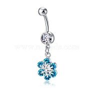 Piercing Jewelry, Brass Cubic Zirconia Navel Ring, Navel Ring Belly Rings, with 304 Stainless Steel Bar, Lead Free & Cadmium Free, Flower, Platinum, Deep Sky Blue, 42x10mm, Bar Length: 3/8"(10mm), Bar: 14 Gauge(1.6mm)(AJEW-EE0006-18B)
