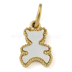 Ion Plating(IP) 304 Stainless Steel Pave Natural White Shell Bear Charms with Jump Ring, Real 14K Gold Plated, 13x9x2mm, Hole: 5x3mm(STAS-B075-01G-02)