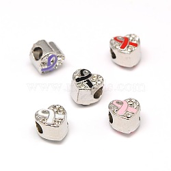 Platinum Plated Alloy Rhinestone European Beads, Large Hole Heart Beads with Enamel Breast Cancer Awareness Ribbon, Mixed Color, 9.5x9.5x8.5mm, Hole: 4mm(MPDL-A023-B)