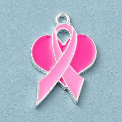 Breast Cancer Pink Awareness Ribbon Theme Alloy Enamel Pendants, Silver, Heart, 23x15.5x1.5mm, Hole: 1.5mm(ENAM-A147-01I)