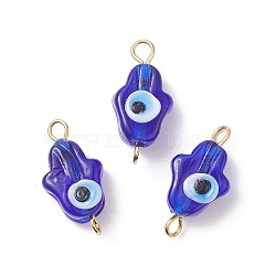 Handmade Evil Eye Lampwork Connector Charms, Hamsa Hand Links with Golden Tone 304 Stainless Steel Double Loops, Blue, 20.5~21x10~10.5x6~6.5mm, Hole: 2~2.5mm(PALLOY-JF02052)