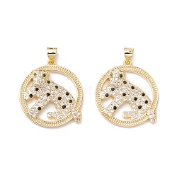 Brass Micro Pave Colorful Cubic Zirconia Pendants, Flat Round with Leopard, Real 18K Gold Plated, 24.5x22x4.5mm, Hole: 3.5x4mm(KK-Z019-13G)