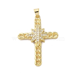 Brass Micro Pave Clear Cubic Zirconia Pendants, Real 18K Gold Plated, Cross, Star, 36x26~26.5x3~4mm, Hole: 4x3.5mm(KK-A212-06G-G)