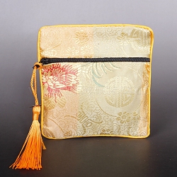 Square Chinese Style Cloth Tassel Bags, with Zipper, for Bracelet, Necklace, Light Yellow, 11.5x11.5cm(PW-WG62144-07)