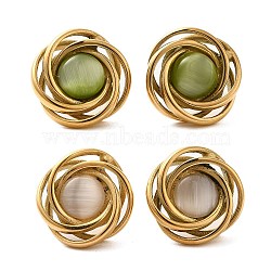 Ion Plating(IP) 304 Stainless Steel Stud Earrings for Women, with Glass Cat Eye, Flat Round, Polished, Golden, Mixed Color, 17.5mm(EJEW-Z068-01G)