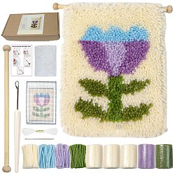 Polycotton Latch Hook Flower Pattern Tapestry Kit, DIY Tapestry Crochet Yarn Kits, Including Instructions, Fabric, Yarn, Wood Stick, Lilac, Finish Product: 250x230mm, Yarn: 9 skeins(PW-WG29706-03)